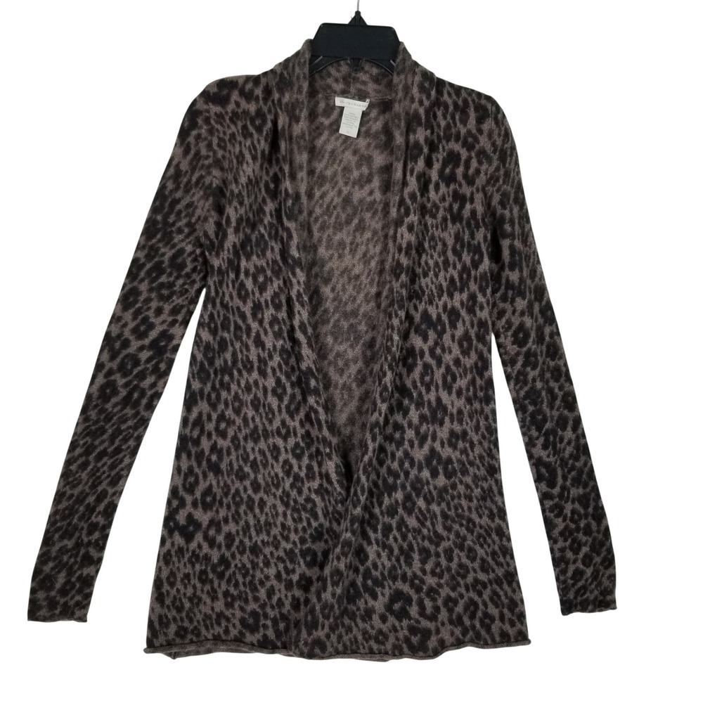 White + Warren Cardigan Women Small Brown Leopard Print 100% Cashmere Open Front